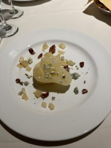Roasted pear with gorgonzola appetizer.