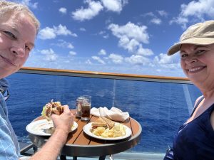 Having sandwiches on balcony for lunch.