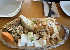 Our lunch, with a loaf of bread and wine, at Restaurante Mirador de Garachico.