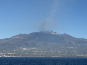 Our first glimpse of Mt. Etna, as seen from our cabin balcony.