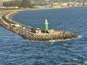 The green Mole Lighthouse leaving Fremantle.