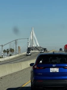 Crossing Long Beach International Gateway Bridge over harbor